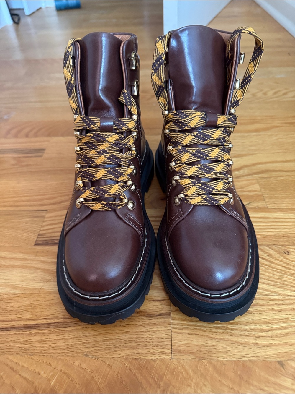 Sandro Brown Leather Lace-Up Trek Boots with Yellow Accent Laces